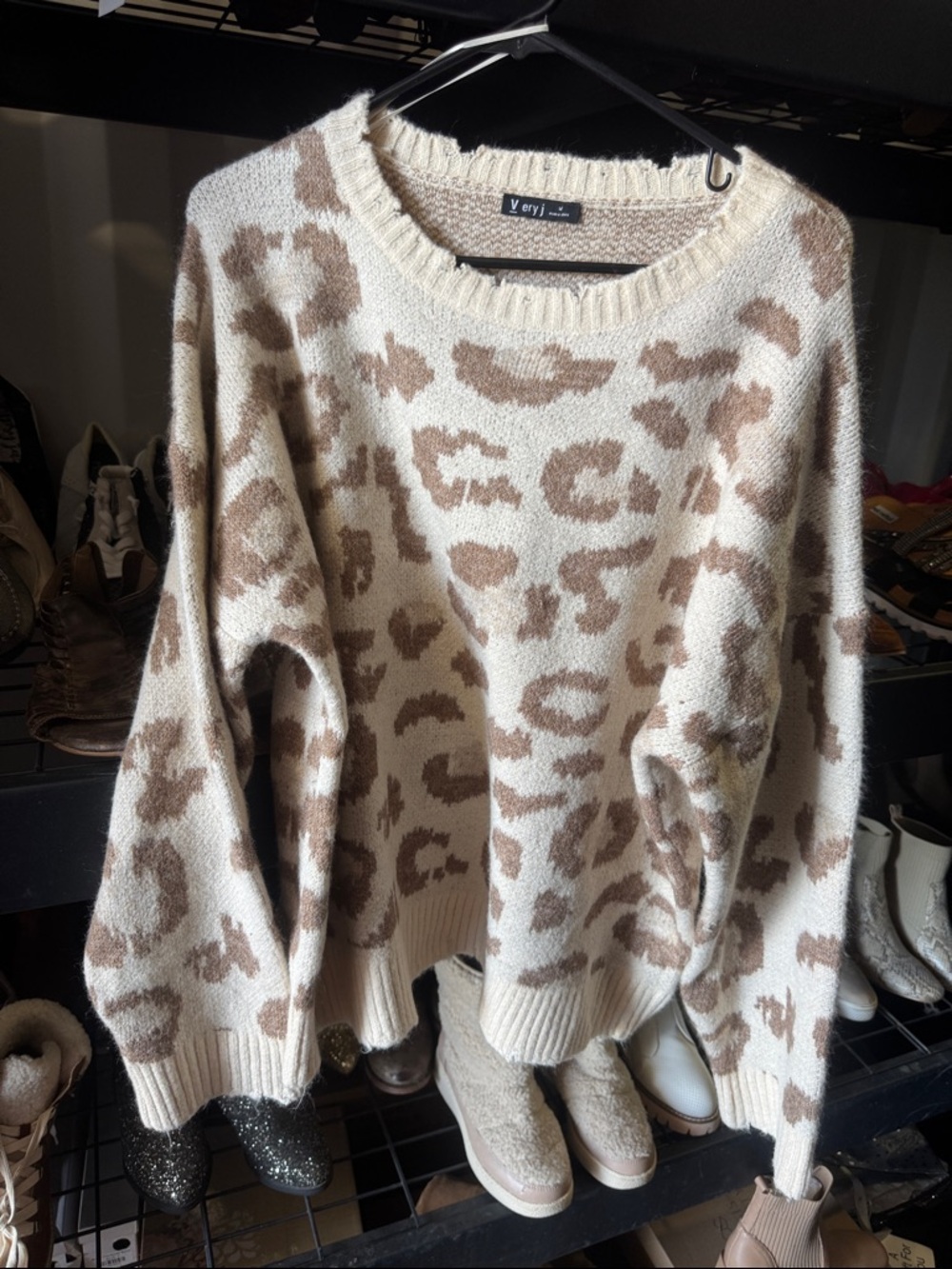 Very J Cream and Brown Leopard Print Crewneck Sweater